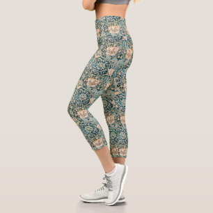 Morris Teal Blue Honeysuckle Floral Wallpaper Capri Leggings
