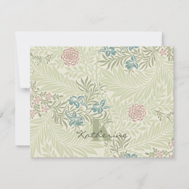 Morris Teal Blue & Pink Larkspur Pattern Note Card (Front)