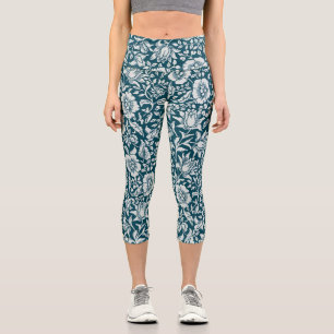 Morris Vintage Blue & White Floral Pattern Capri Leggings