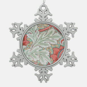 Morris Vintage Foliage & Floral Pattern Red Style Snowflake Pewter Christmas Ornament