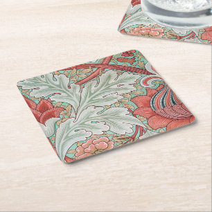 Morris Vintage Foliage & Floral Pattern Red Style Square Paper Coaster