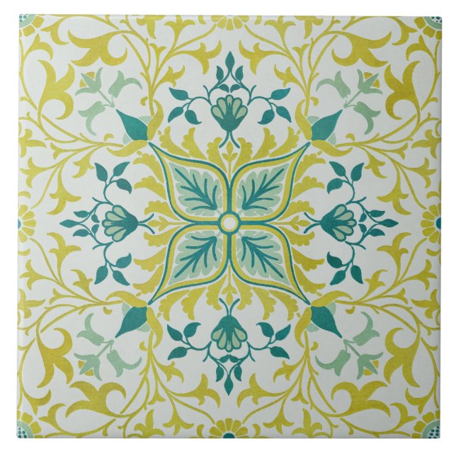 Morris Yellow Turquoise Vine & Flower Pattern Ceramic Tile (Front)