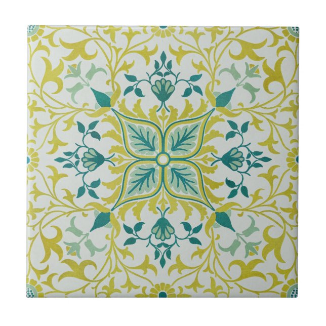 Morris Yellow Turquoise Vine & Flower Pattern Ceramic Tile (Front)