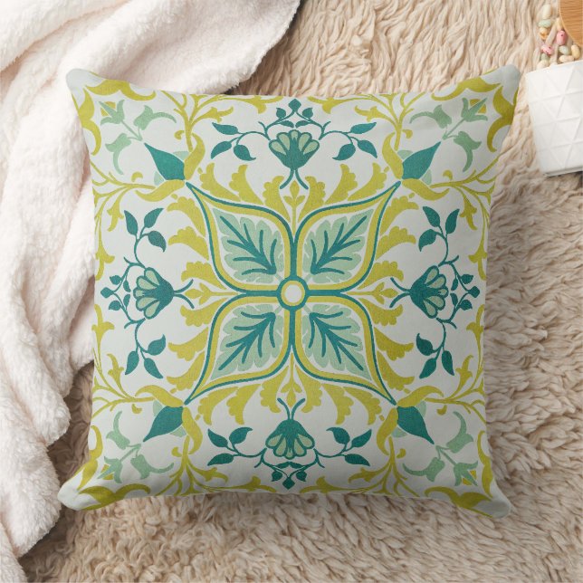Morris Yellow Turquoise Vine & Flower Pattern Cushion (Blanket)