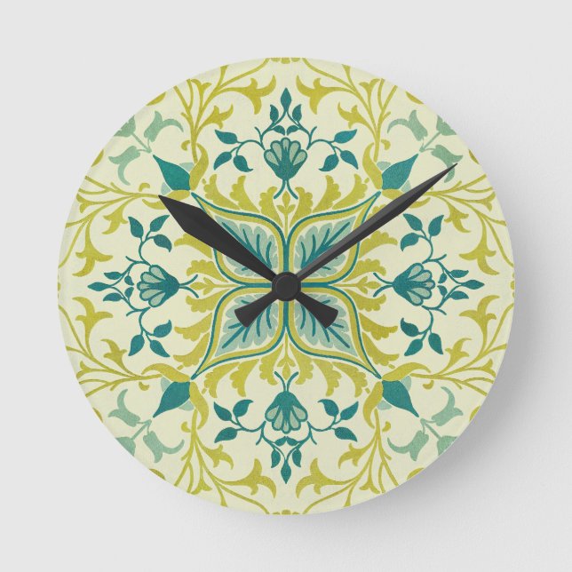 Morris Yellow Turquoise Vine & Flower Pattern Round Clock (Front)