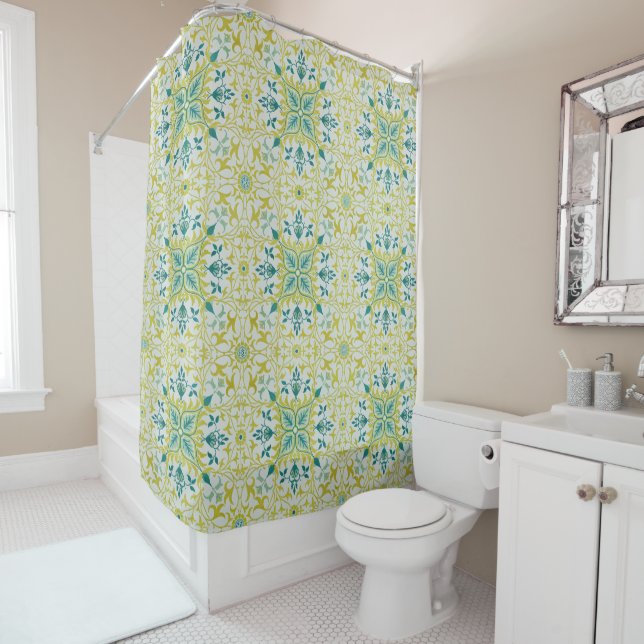 Morris Yellow Turquoise Vine & Flower Pattern Shower Curtain (In Situ)