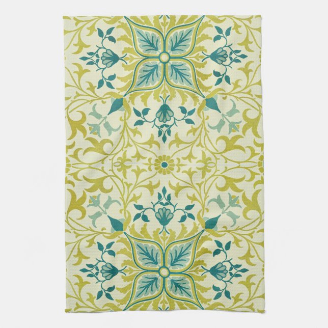 Morris Yellow Turquoise Vine & Flower Pattern Tea Towel (Vertical)