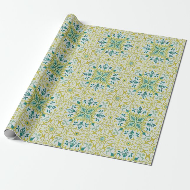 Morris Yellow Turquoise Vine & Flower Pattern Wrapping Paper (Unrolled)