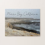 Morro Bay California Ocean Photography Jigsaw Puzzle<br><div class="desc">A foggy overcast day in Morro Bay California with the ocean waves hitting the rocks on the shore in this beach photograph souvenir. This seaside travel photo keepsake puzzle gift features black cursive script above the beach rocks and grey sky.</div>