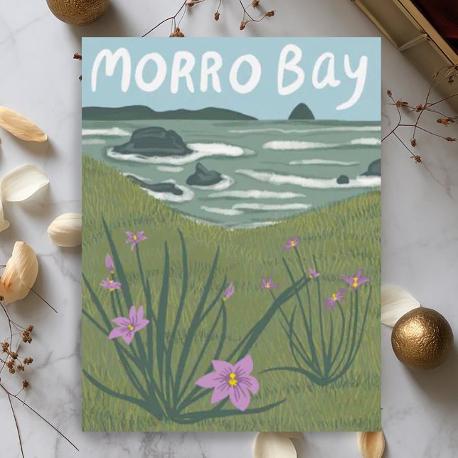 Morro Bay Central California Illustration Beach  P Postcard (Morro Bay wildflowers ocean travel postcard illustration custom.)