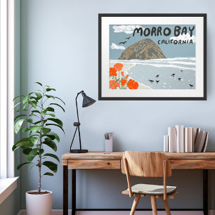 Morro Bay Central California Illustration Beach Poster