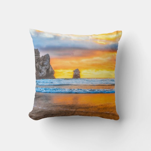 Morro Rock Beach At Sunset Throw Pillow (Front)
