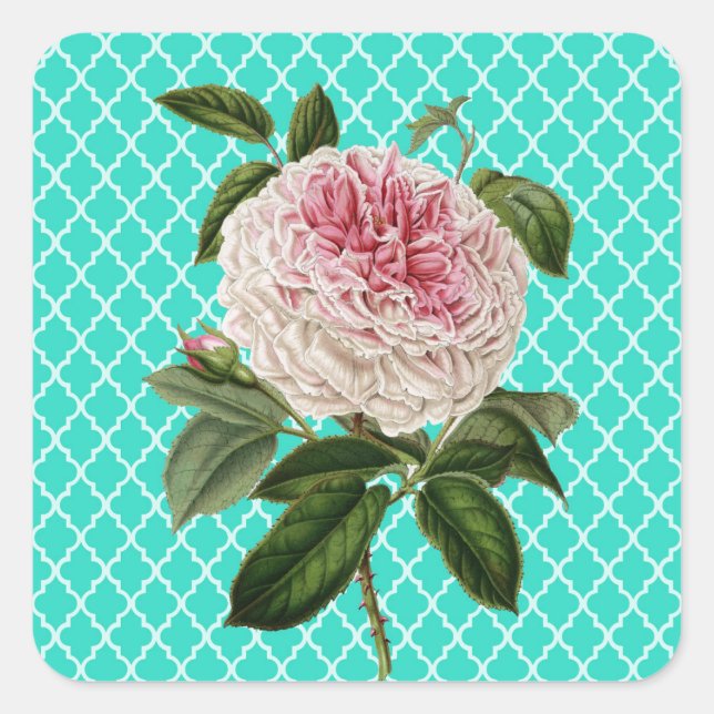 morrocan tile turquoise rose square sticker (Front)
