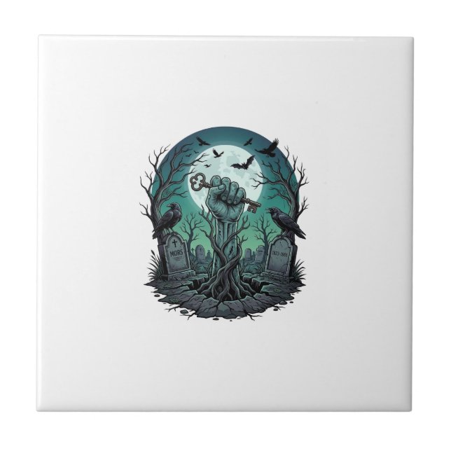 Mors Zombie Hand Skeleton Key Tombstone Ravens Hal Ceramic Tile (Front)