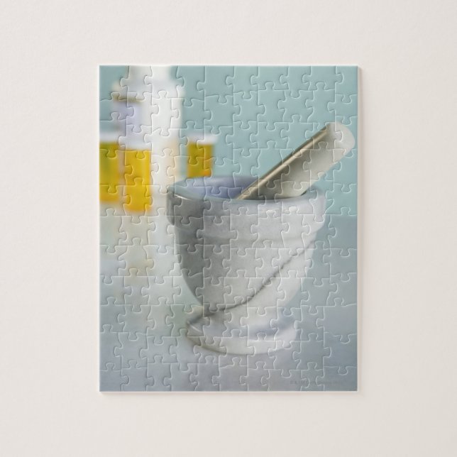 Mortar and pestle, pill bottles in background jigsaw puzzle (Vertical)