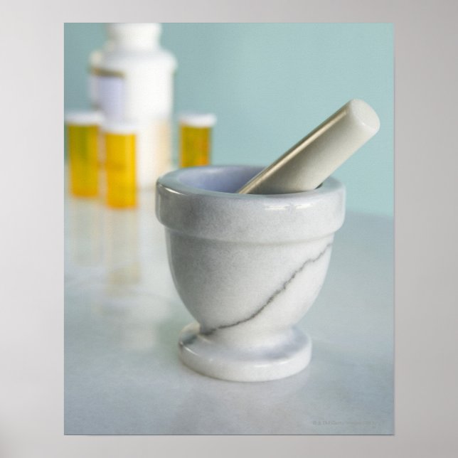Mortar and Pestle, Pill Bottles in Background Poster (Front)