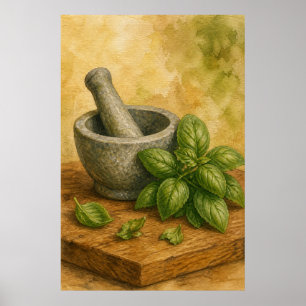 Mortar and Pestle with Basil Watercolour Poster