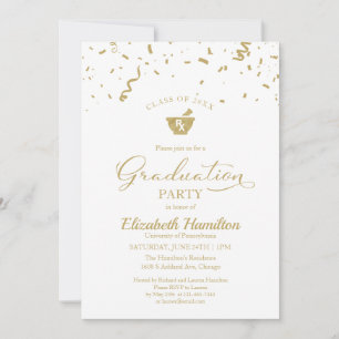 Mortar Pestle Pharmacy Grad Party Gold Confetti In Invitation