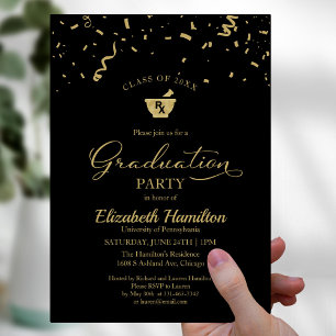 Mortar Pestle Pharmacy Grad Party Gold Confetti Invitation