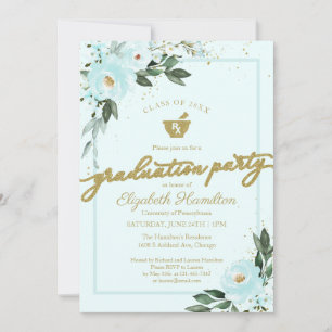 Mortar Pestle Pharmacy Grad Party Gold Teal Floral Invitation