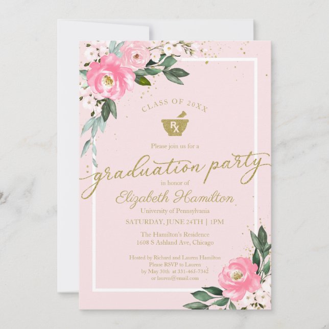 Mortar Pestle Pharmacy Grad Party Hot Pink Floral Invitation (Front)