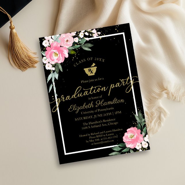 Mortar Pestle Pharmacy Grad Party Hot Pink Floral  Invitation (Creator Uploaded)