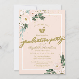 Mortar Pestle Pharmacy Grad Party Pink Floral Invitation