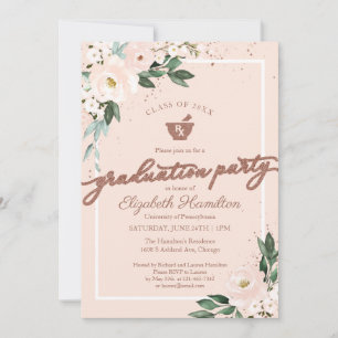 Mortar Pestle Pharmacy Grad Party Pink Floral Invitation
