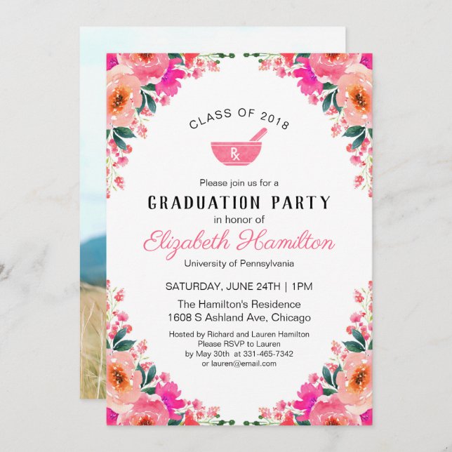 Mortar Pestle Pharmacy School Grad Party Photo Invitation (Front/Back)