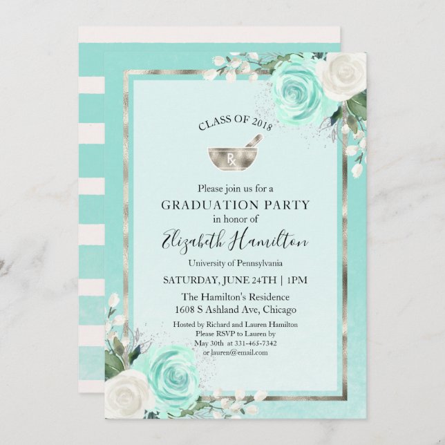 Mortar Pestle Rx Pharmacy School Grad Party Teal Invitation (Front/Back)