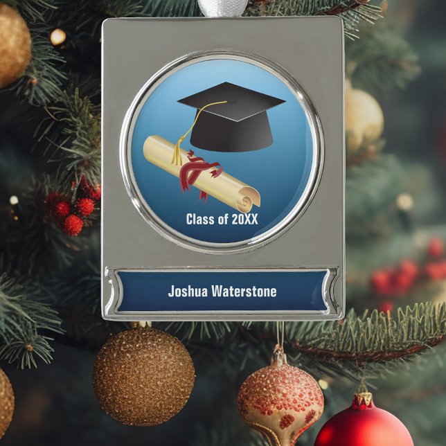 Mortarboard and Diploma Graduation Silver Plated Banner Ornament (Creator Uploaded)