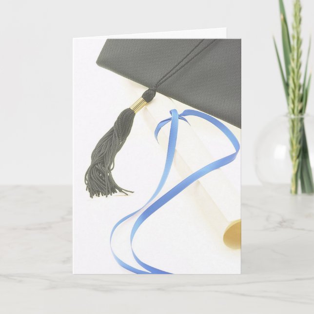 Mortarboard, Diploma, Blue Ribbon Graduation card (Front)