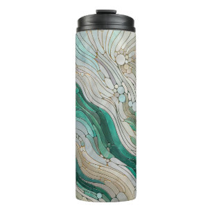 Mosaic Abstract art - Pearl, Taupe and Emerald Thermal Tumbler