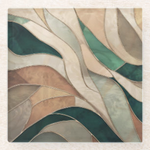 Mosaic Abstract art - Taupe and Emerald Glass Coaster