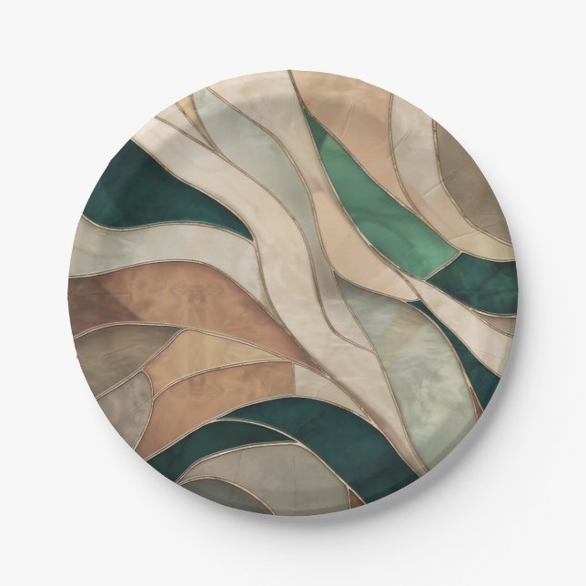 Mosaic Abstract art - Taupe and Emerald Paper Plate (Front)