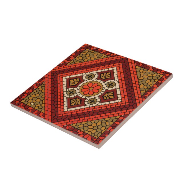 Mosaic Abstract Floral Art red and brown Ceramic Tile (Side)