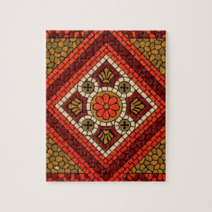 Mosaic Abstract Floral Art red and brown Jigsaw Puzzle