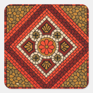 Mosaic Abstract Floral Art red and brown Square Sticker