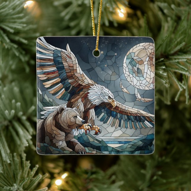 Mosaic Ai Art | Brown Bear and an Eagle Full Moon Ceramic Ornament (Tree)