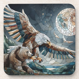 Mosaic Ai Art   Brown Bear and an Eagle Full Moon Coaster