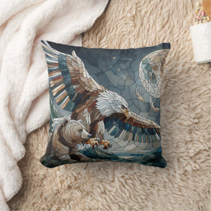 Mosaic Ai Art Brown Bear and an Eagle Full Moon Cushion