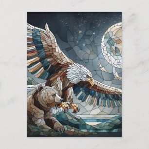 Mosaic Ai Art Brown Bear and an Eagle Full Moon Postcard
