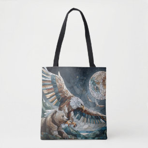 Mosaic Ai Art   Brown Bear and an Eagle Full Moon Tote Bag