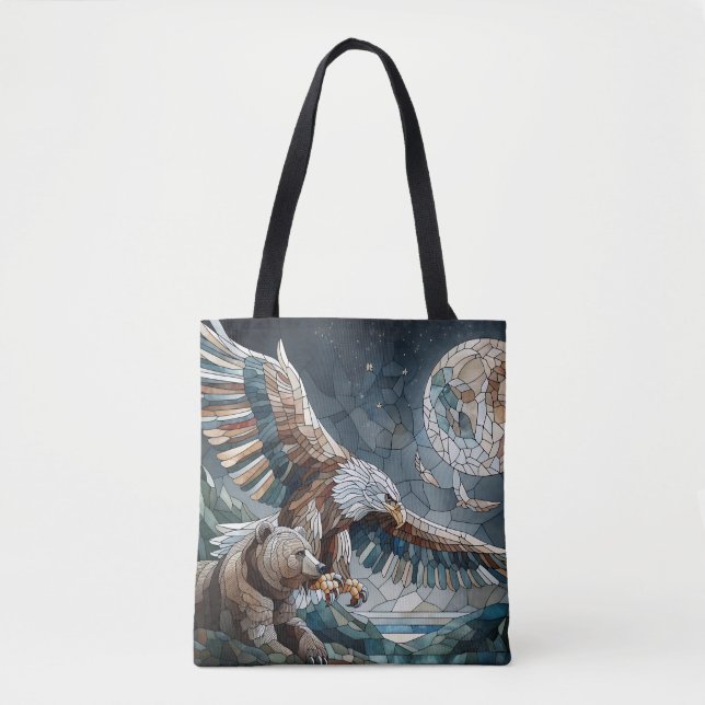 Mosaic Ai Art | Brown Bear and an Eagle Full Moon Tote Bag (Front)