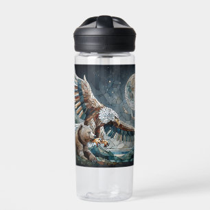 Mosaic Ai Art   Brown Bear and an Eagle Full Moon Water Bottle