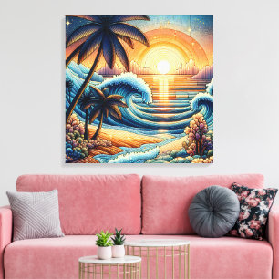 Mosaic Ai Art Ocean Sunset and Palm Trees Canvas Print
