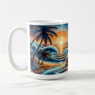 Mosaic Ai Art   Ocean Sunset and Palm Trees Coffee Mug