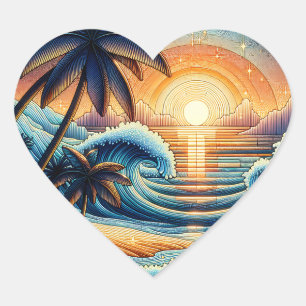 Mosaic Ai Art   Ocean Sunset and Palm Trees Heart Sticker