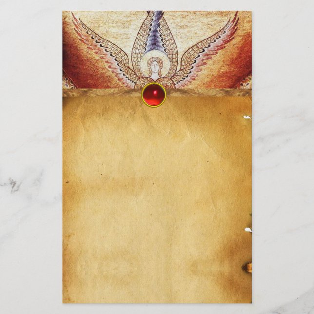 MOSAIC ANGEL  Brown Parchment Red Ruby Stationery (Front)