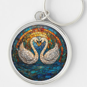 Mosaic Art Depicting White Swans Key Ring